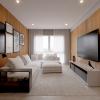 Sala de tv, super confortável, com uso de madeira e cores claras.