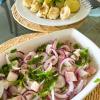 Ceviche de tilápia com guioza e batatas doces cozidas